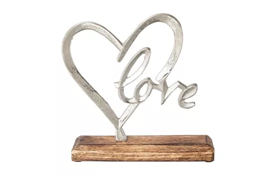 Aluminium Herz mit Schrift auf Holzbase