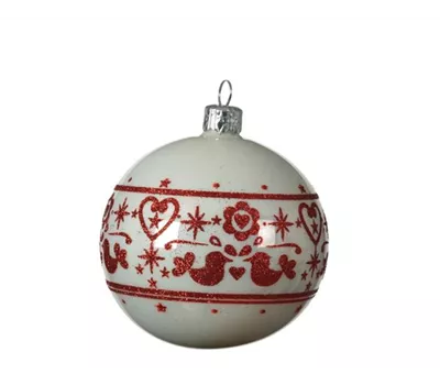 Kugel Glas mit Muster 8cm weiß rot Kugel Glas mit Muster 8cm weiß rot