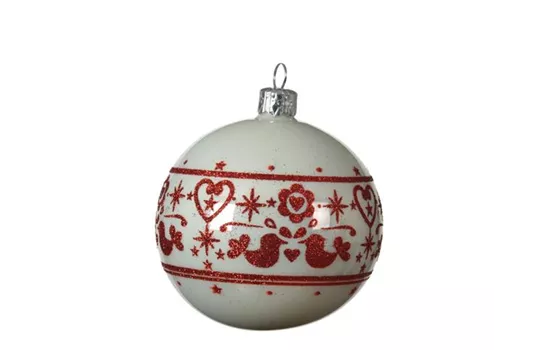 Kugel Glas mit Muster 8cm weiß rot Kugel Glas mit Muster 8cm weiß rot